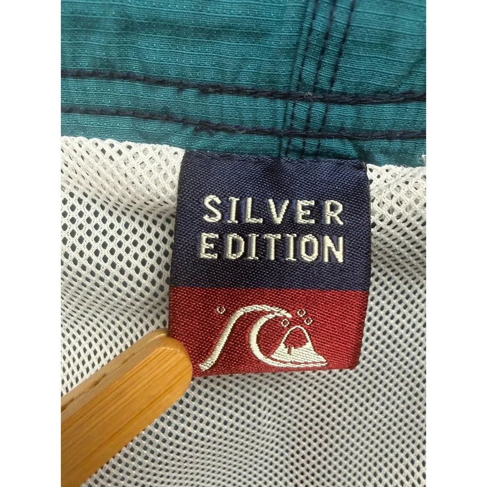 VTG Quiksilver Silver‎ Edition Board Shorts Mens L Teal Ripstop Swim Trunks 90s